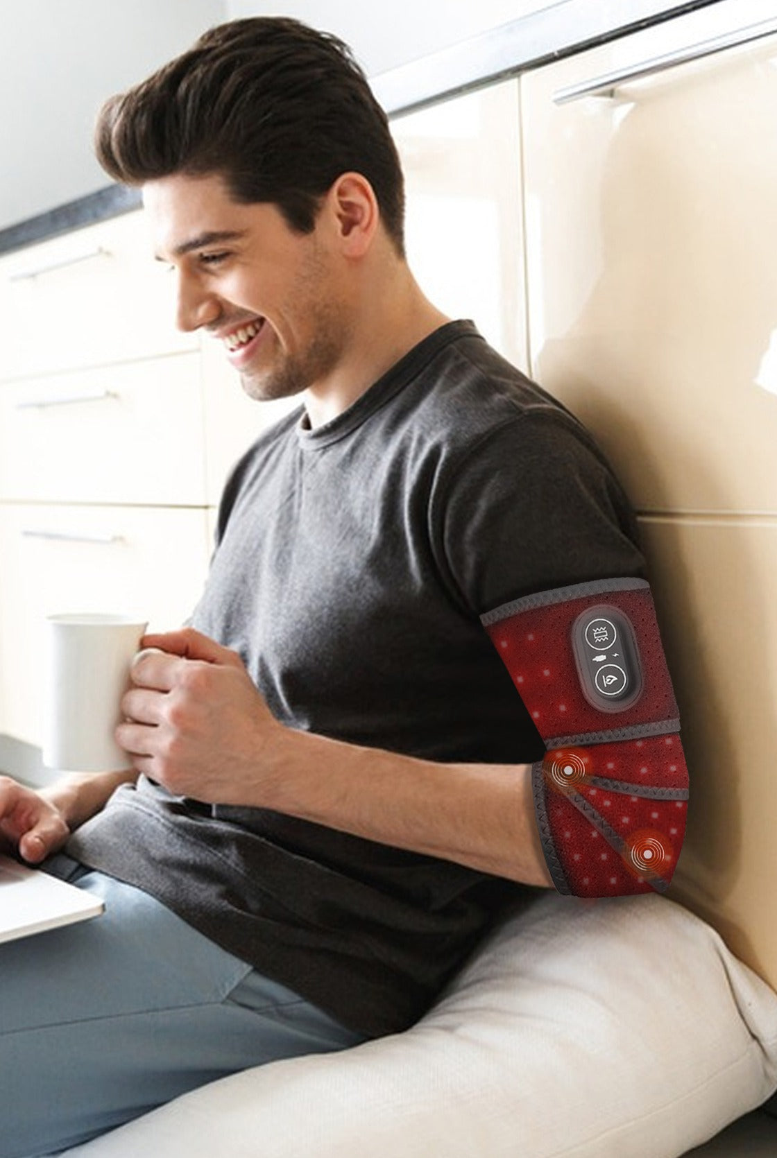 EmberWrap™ Cordless Red Light & Heat Wrap used on the couch, no cord attached