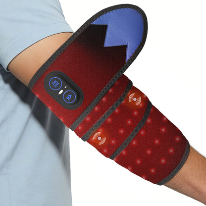 EmberWrap™ Cordless Red Light & Heat Wrap worn on the elbow with the red light on