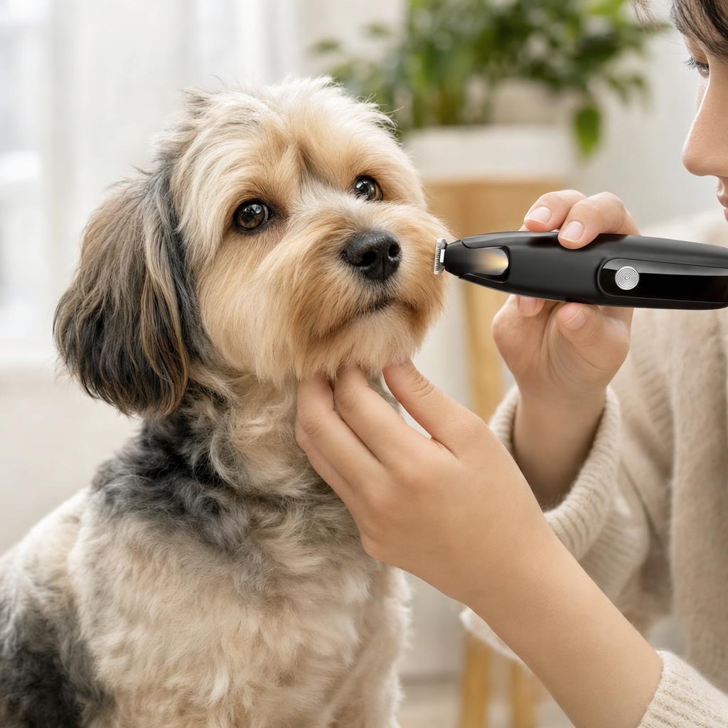 Trimming a small dog’s face with the quiet Peak clipper