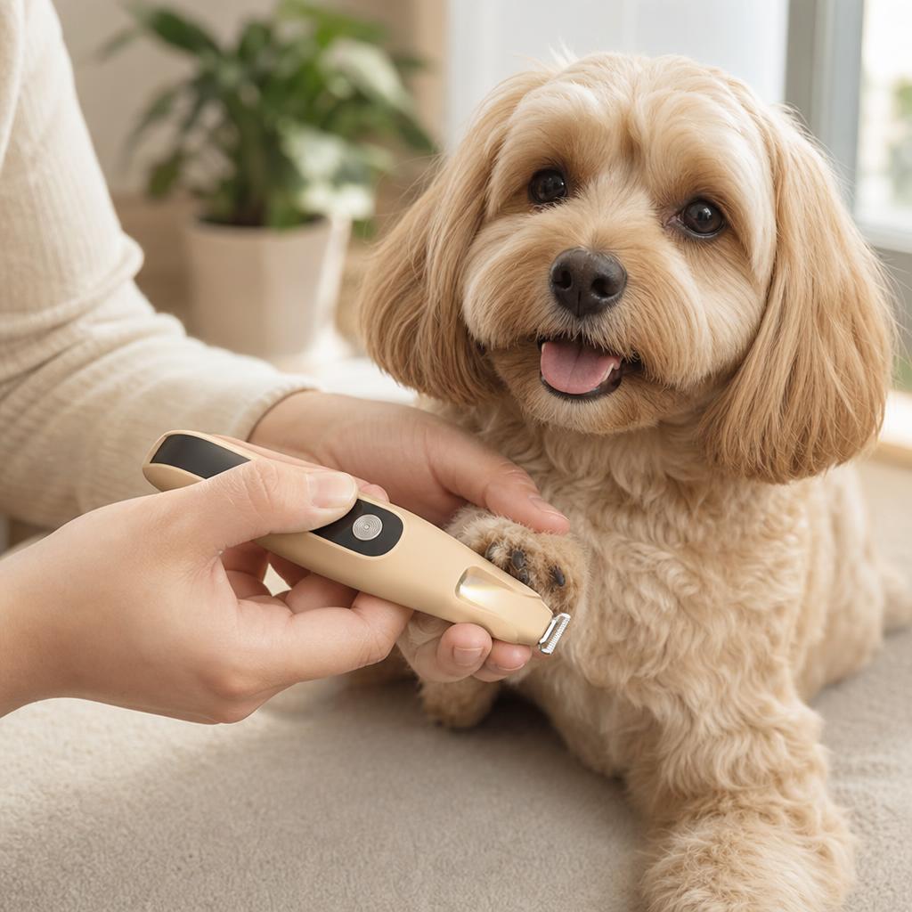 Trimming a happy dog’s paw at home with the Peak cordless clipper