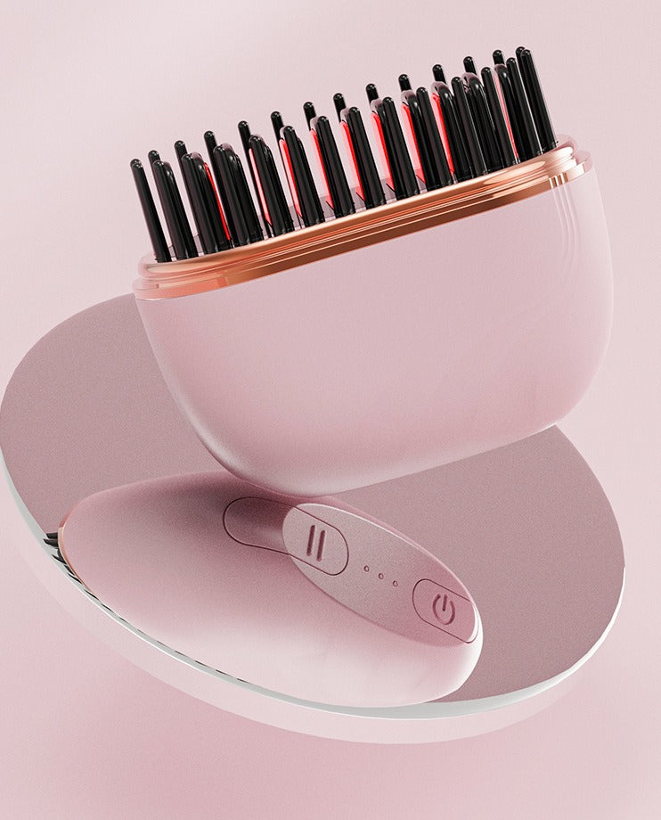 SleekPod in Pink with heated bristles glowing and the three-level control